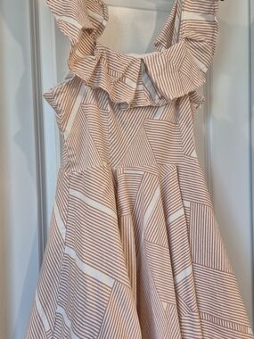 Size Large - B.Original By Shoe Fly Ruffle Mini Dress Red White Abstract Pattern